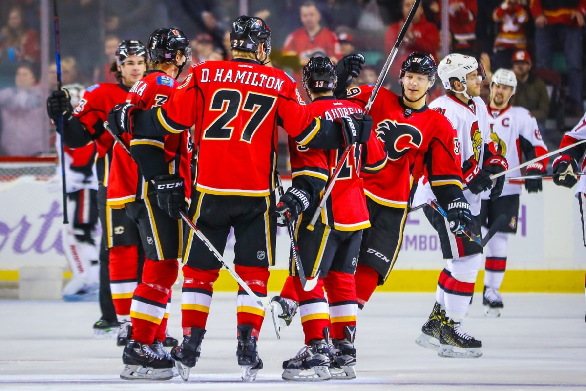 Calgary Flames Dougie Hamilton after scoring on the Ottawa Senators