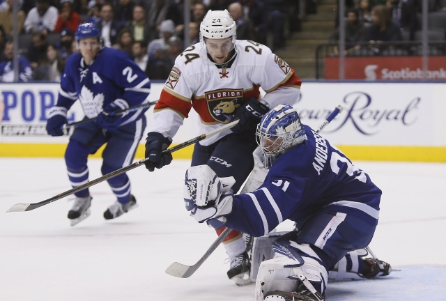 Frederik Andersen of the Toronto Maple Leafs and Seth Griffith of the Florida Panthers