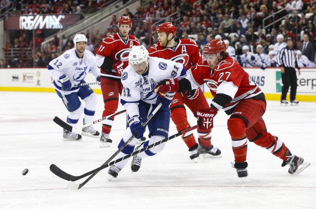 Justin Faulk of the Carolina Hurricanes and Steven Stamkos of the Tampa Bay Lightning