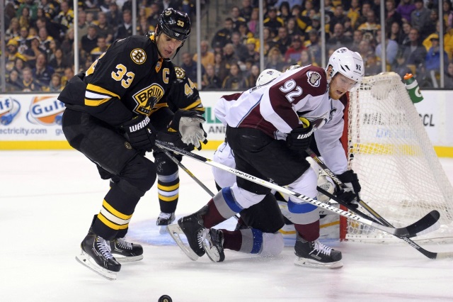 Gabriel Landeskog of the Colorado Avalanche and Zdeno Chara of the Boston Bruins