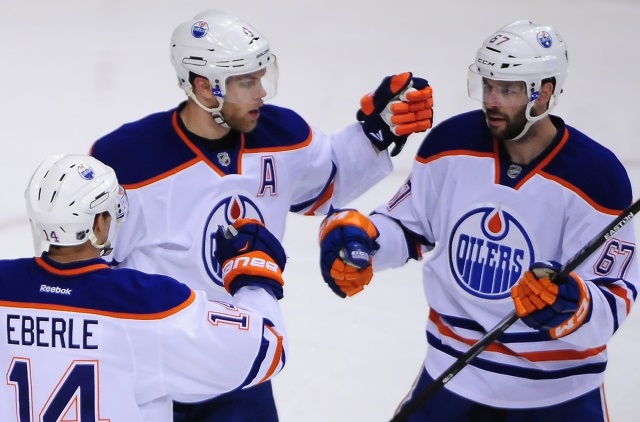 Jordan Eberle and Benoit Pouliot of the Edmonton Oilers