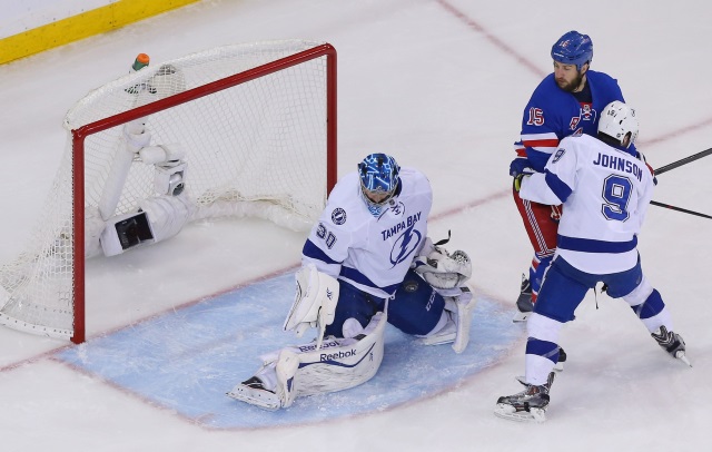 Ben Bishop and Tyler Johnson of the Tampa Bay Lightning