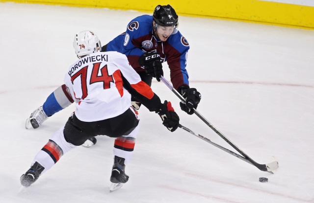 Matt Duchene of the Colorado Avalanche and Matt Borowiecki of the Ottawa Senators