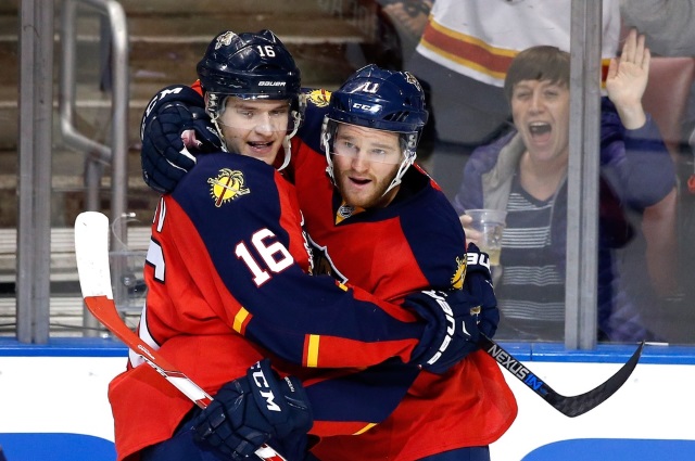 Jonathan Huberdeau and Aleksander Barkov of the Florida Panthers