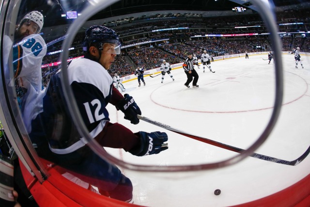 Jarome Iginla of the Colorado Avalanche and Brent Burns of the San Jose Sharks