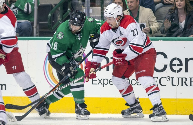 Justin Faulk of the Carolina Hurricanes and Patrick Eaves of the Dallas Stars