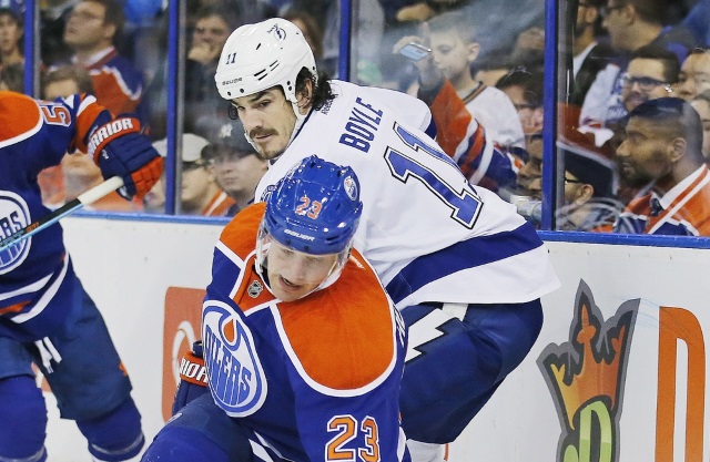 Brian Boyle of the Tampa Bay Lightning and Matt Hendricks of the Edmonton Oilers