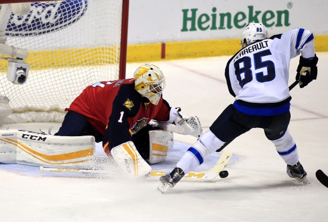 Mathieu Perreault lof the Winnipeg Jets and Roberto Luongo of the Florida Panthers