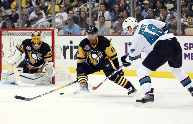 Marc-Andre Fleury and Trevor Daley of the Pittsburgh Penguins