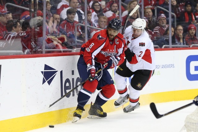 Dion Phaneuf of the Ottawa Senators and Alex Ovechkin of the Washington Capitals