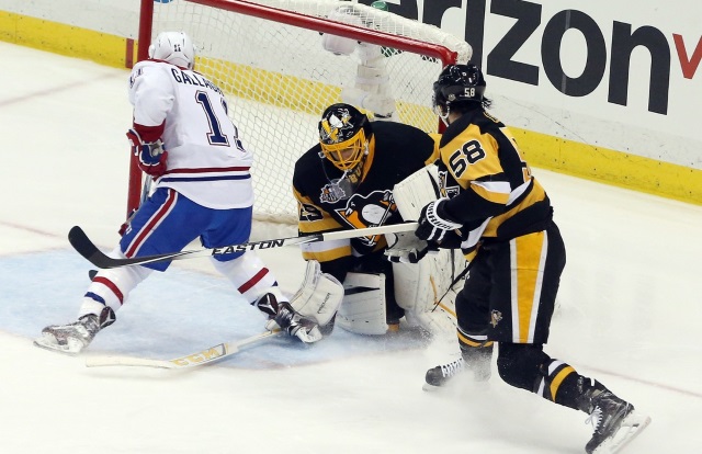 Marc-Andre Fleury of the Pittsburgh Penguins and Brendan Gallagher of the Montreal Canadiens