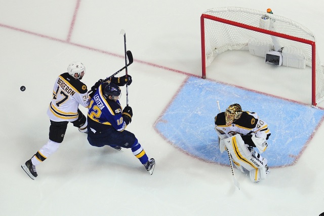 Patrice Bergeron and Tuukka Rask of the Boston Bruins