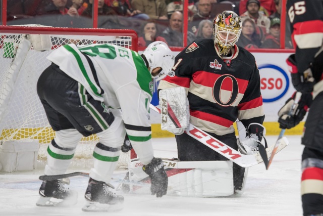 Mike Condon of the Ottawa Senators and Patrick Eaves of the Dallas Stars