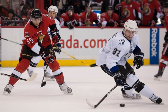 Steven Stamkos of the Tampa Bay Lightning and Erik Karlsson of the Ottawa Senators