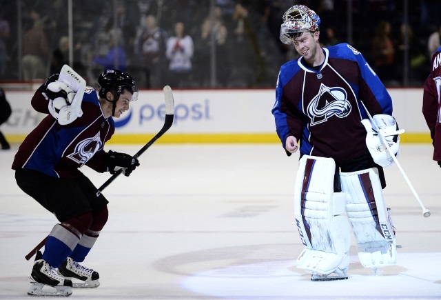 Semyon Varlamov and Matt Duchene of the Colorado Avalanche