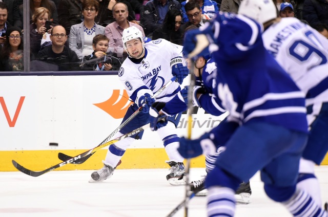 Tyler Johnson and Vladislav Namestnikov of the Tampa Bay Lightning