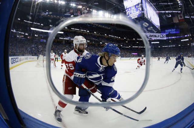 Vladislav Namestnikov of the Tampa Bay Lightning and Mike Green of the Detroit Red Wings