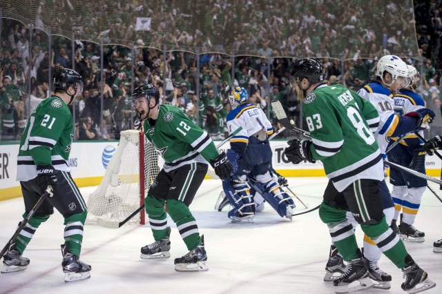 Ales Hemsky and Antoine Roussel of the Dallas Stars