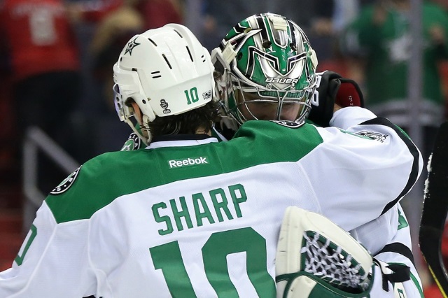 Patrick Sharp and Kari Lehtonen of the Dallas Stars