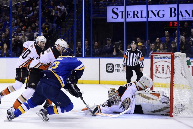 John Gibson of the Anaheim Ducks and Jori Lehtera and St. Louis Blues