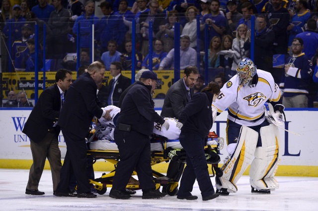 Nashville Predators Kevin Fiala taken off on a stretcher