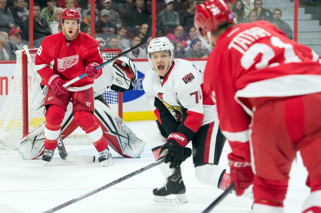 Tomas Tatar and Justin Abdelkader of the Detroit Red Wings