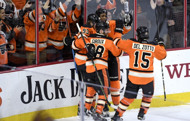 Michael Del Zotto, Claude Giroux, Wayne Simmonds and Jakob Voracek of the Phildalelphia Flyers