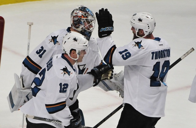 Patrick Marleau, Joe Thornton and Martin Jones of the San Jose Sharks