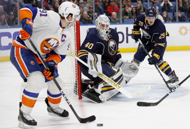 John Tavares of the New York Islanders and Robin Lehner of the Buffalo Sabres