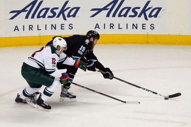 Joe Thornton of the San Jose Sharks and Eric Staal of the Minnesota Wild