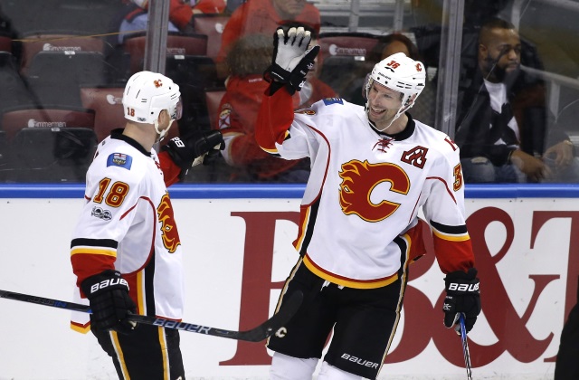 Troy Brouwer and Matt Stajan of the Calgary Flames