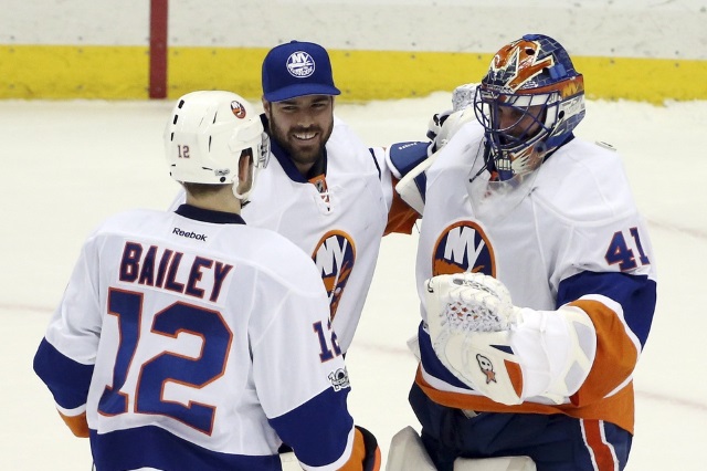 J-F Berube and Jaroslav Halak of the New York Islanders