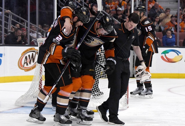 Anaheim Ducks defenseman Cam Fowler left with a knee injury