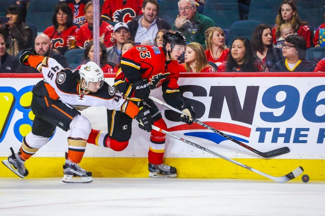 Sami Vatanen of the Anaheim Ducks and Sam Bennett of the Calgary Flames