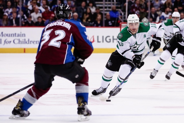 Francois Beauchemin of the Colorado Avalanche and Patrick Sharp of the Dallas Stars