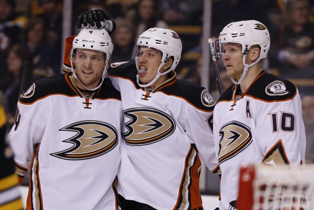 Anaheim Ducks Cam Fowler, Corey Perry and Rikard Rakell