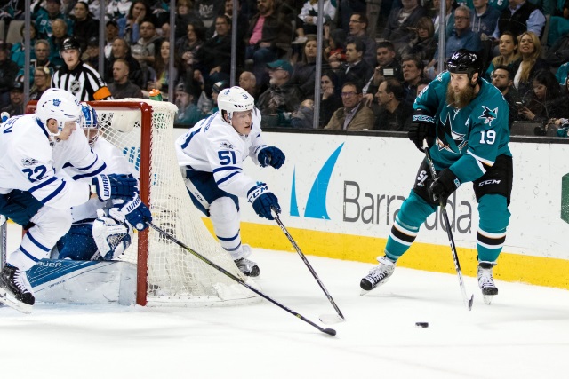 Joe Thornton of the San Jose Sharks and Jake Gardiner of the Toronto Maple Leafs