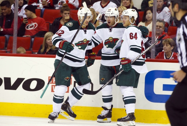 Mikael Granlund, Nino Niederreiter and Jason Pominville of the Minnesota Wild