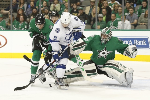 Tyler Johnson of the Tampa Bay Lightning and Valeri Nichushkin of the Dallas Stars