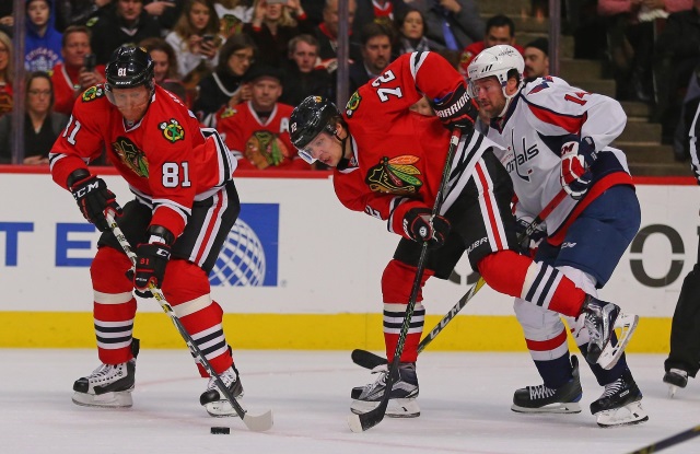 Justin Williams of the Washington Capitals, Marian Hossa and Artemi Panarin of the Chicago Blackhawks