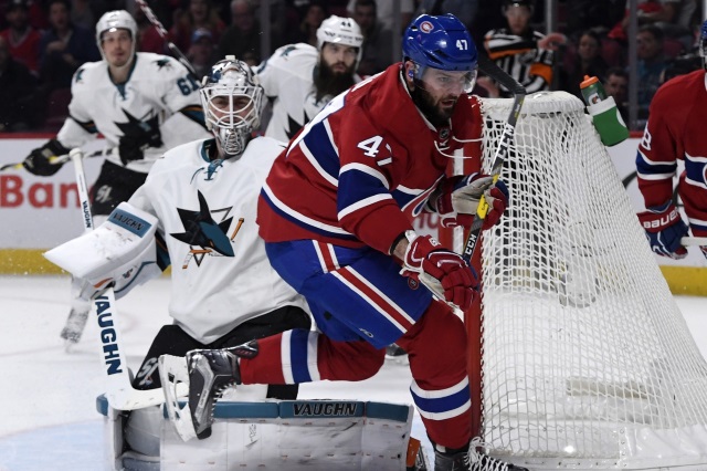 Alexander Radulov of the Montreal Canadiens and Martin Jones of the San Jose Sharks