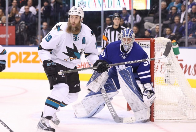 Joe Thornton of the San Jose Sharks and Frederik Andersen of the Toronto Maple Leafs