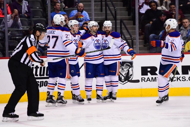 Edmonton Oilers Jordan Eberle and Kris Russell