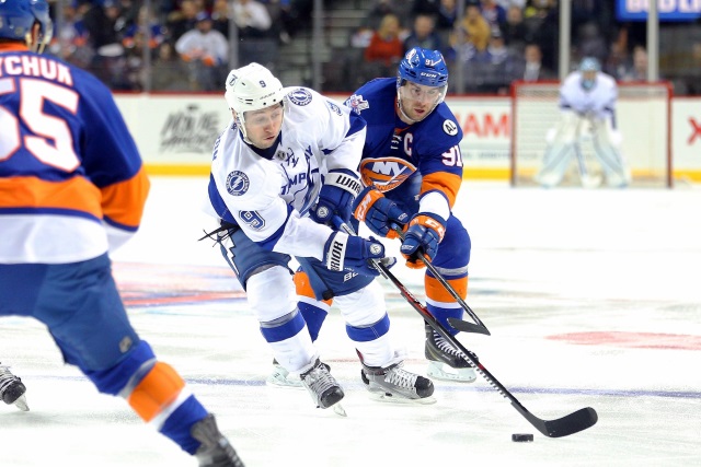 John Tavares of the New York Islanders and Tyler Johnson of the Tampa Bay Lightning