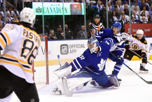 David Pastrnak of the Boston Bruins and Frederik Andersen of the Toronto Maple Leafs