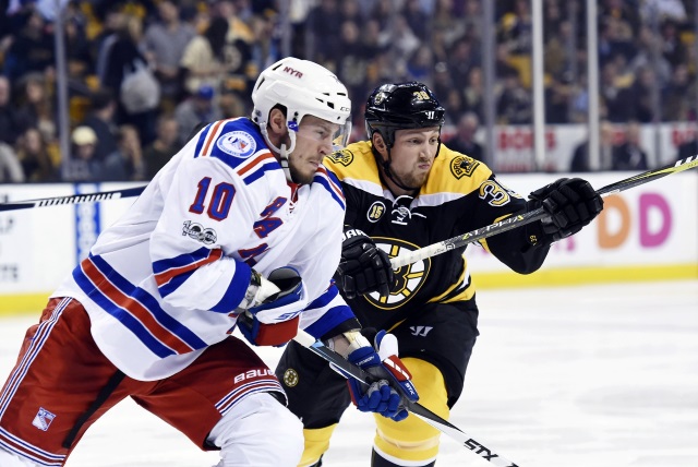 J.T. Miller of the New York Rangers and Matt Beleskey of the Boston Bruins