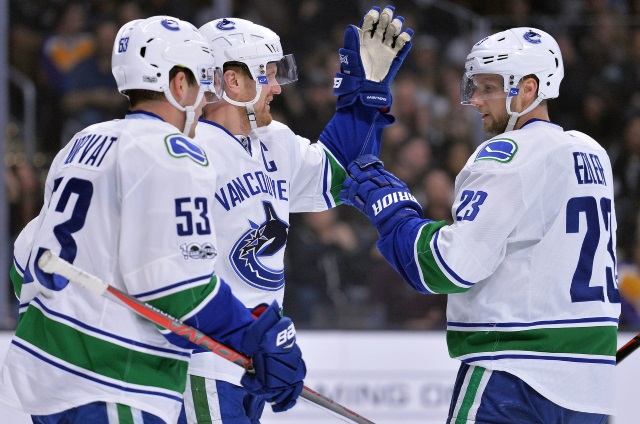 Bo Horvat and Henrik Sedin of the Vancouver Canucks