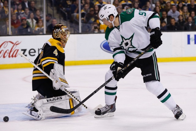 Tyler Seguin of the Dallas Stars and Tuukka Rask of the Boston Bruins