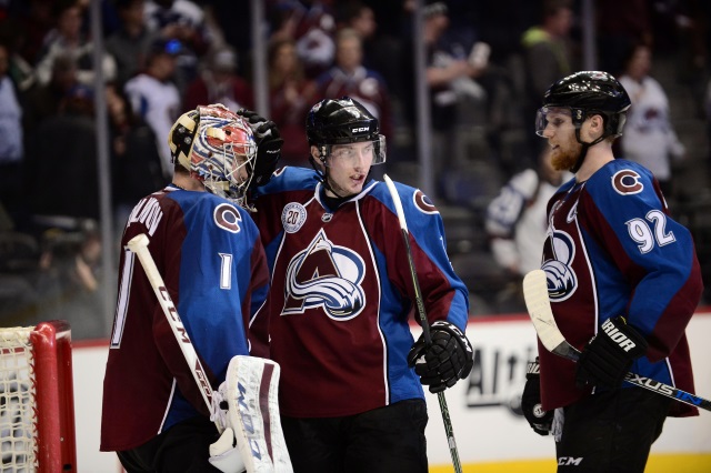 Semyon Varlamov, Matt Duchene and Gabriel Landeskog of the Colorado Avalanche