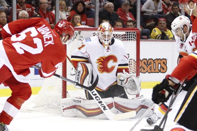 Thomas Vanek then of the Detroit Red Wings and Chad Johnson of the Calgary Flames